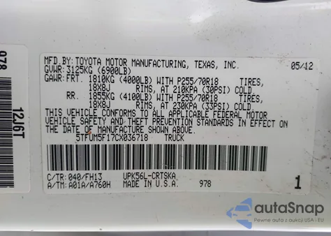 2012 Toyota Tundra Grade 4.6L V8 z USA, uszkodzony, nr VIN 5TFUM5F17CX036718